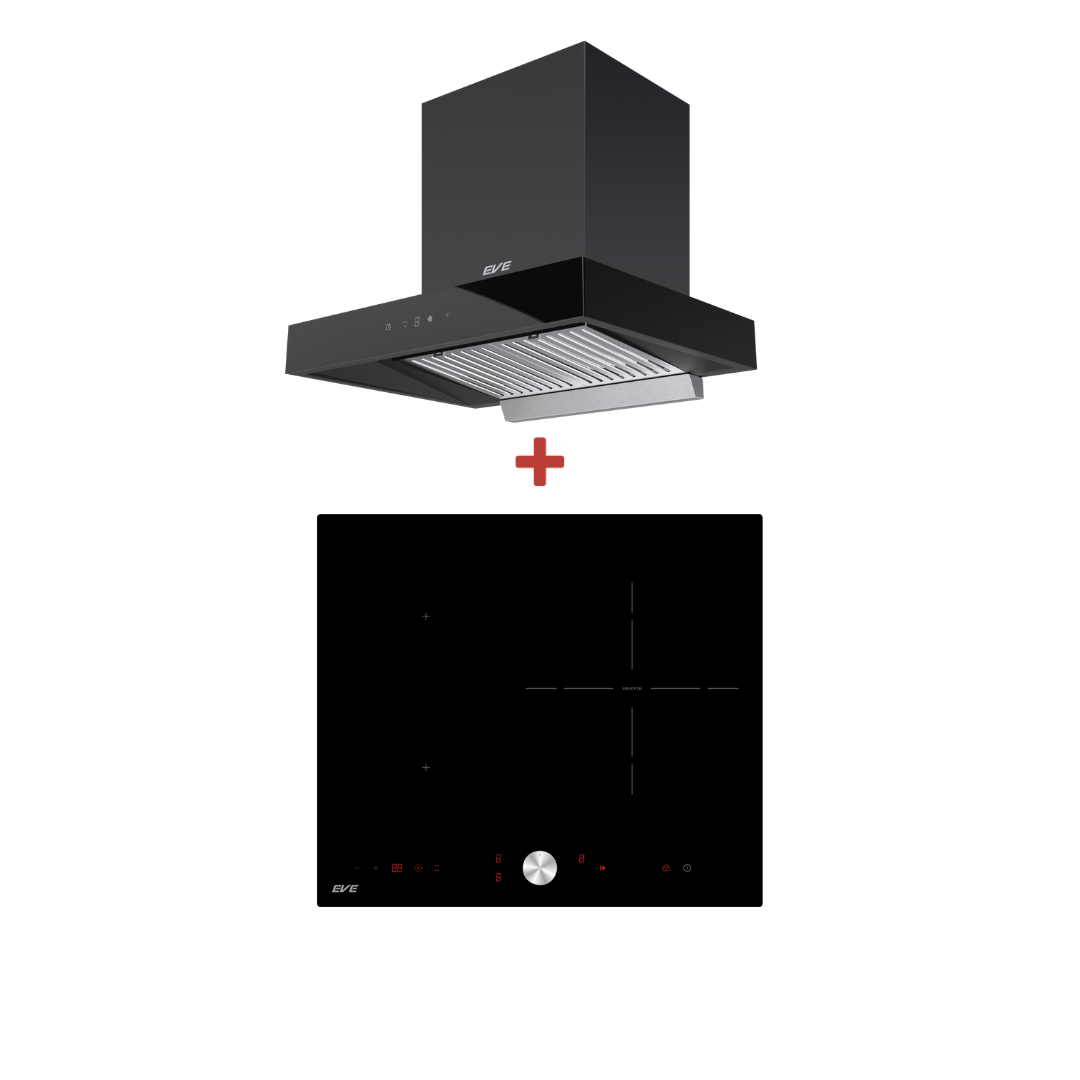 ชุดเซต เตาฝังแม่เหล็กไฟฟ้า 3 หัว + เครื่องดูดควันติดผนัง EVE รุ่น HB60-1FZ1RIND/KTC + HC-LOFTBOX-60 ขนาด 60 ซม. สีดำ_0